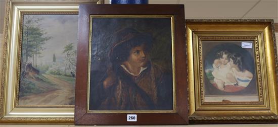E P Corin, oil on canvas, Wooded scene with path, portrait of a Dutch boy, oil on canvas and a print after Herbert Sedcole
